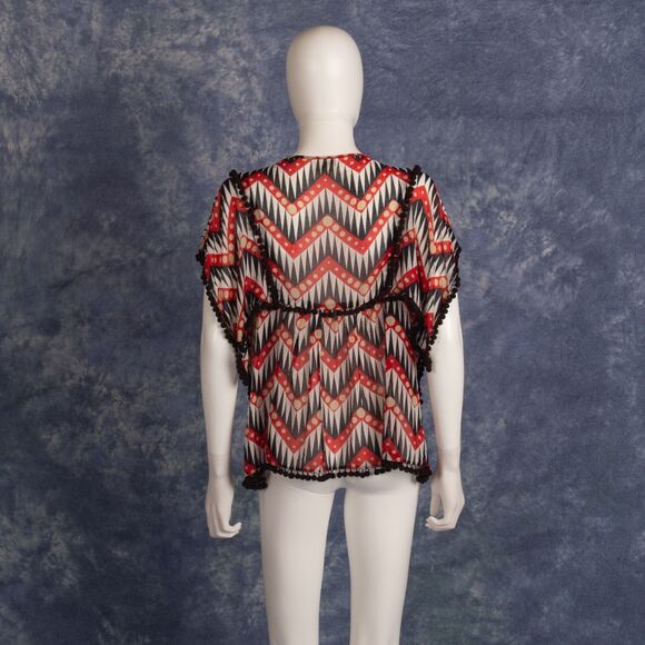 Milly Red Blue White Gold Silk Blend Sheer Blouse Pom-Poms Sz 6 - Picture 3 of 4